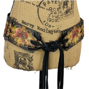 Michal Negrin Linked Leather Victorian Floral Design Wrap Tie Belt